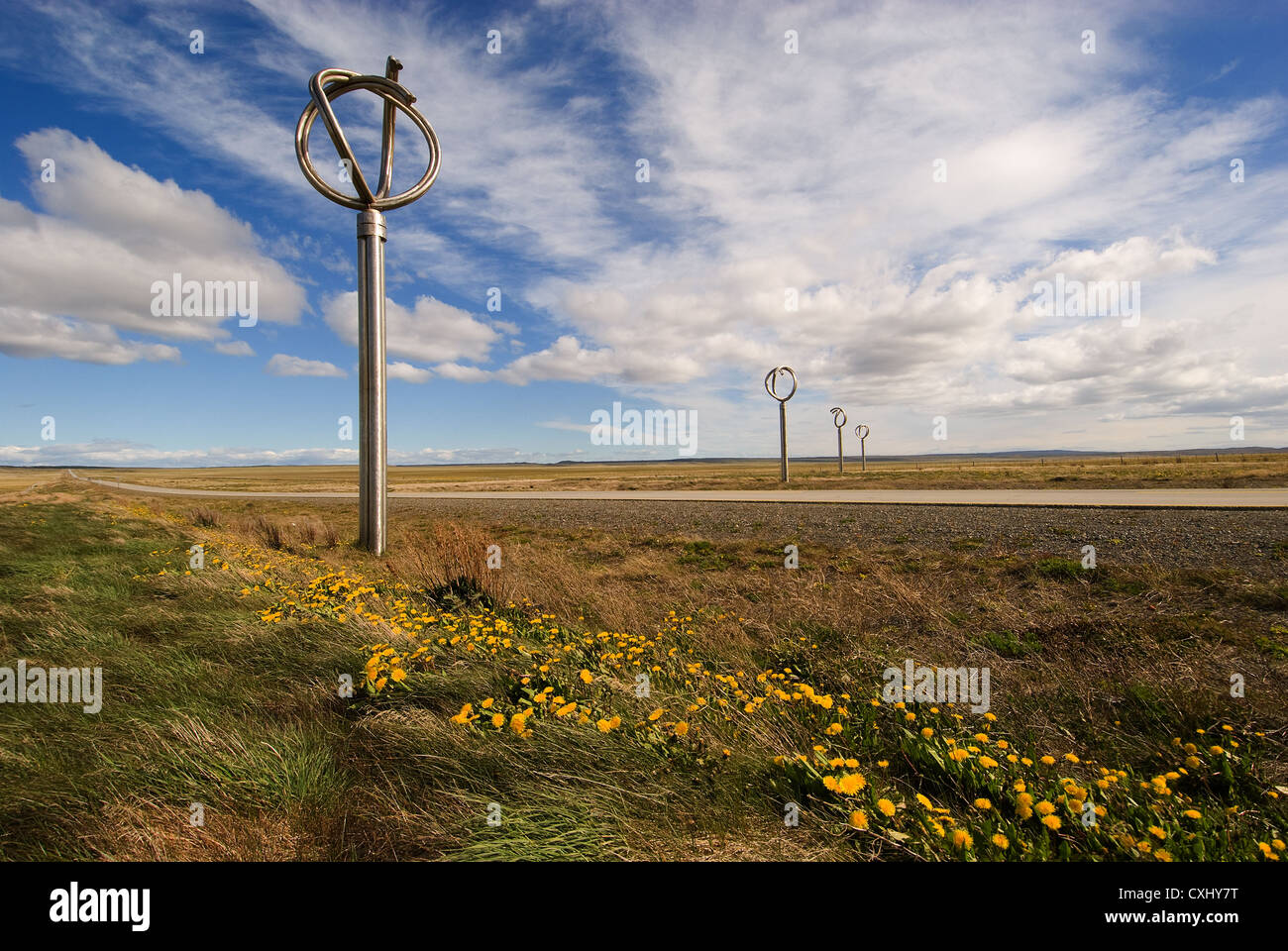 Elk198-4192 Chile Patagonia Puerto Natales Hwy with Homage to the Wind sculpture Stock Photo