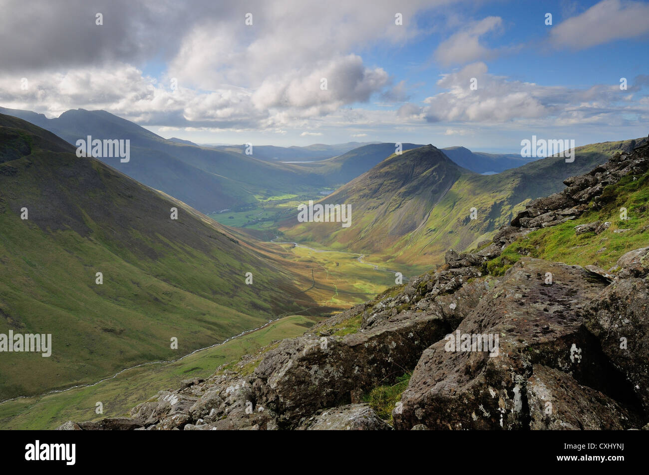 View from Looking Stead towards Black Sail Pass, Gatherstone Beck, Mosedale and Yewbarrow and Wasdale, English Lake District Stock Photo