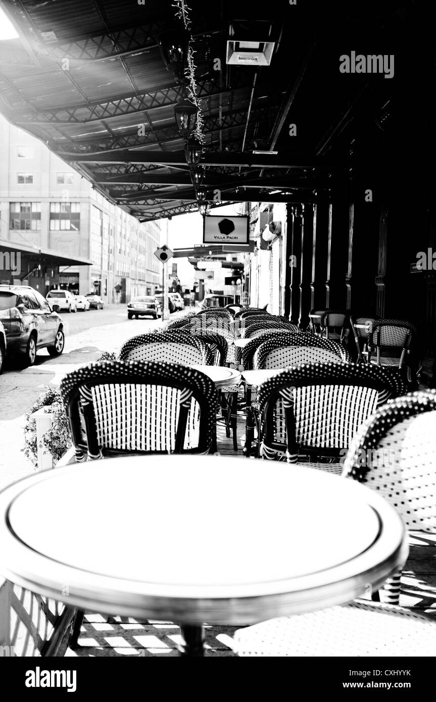 Outdoor tables & chairs. New York. Black & White Stock Photo