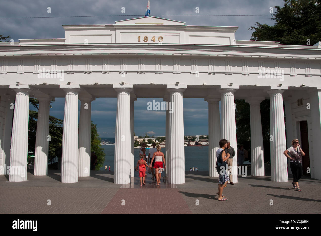 Columned entrance to Grafs Promenade on the Sevastopol waterfront. Stock Photo