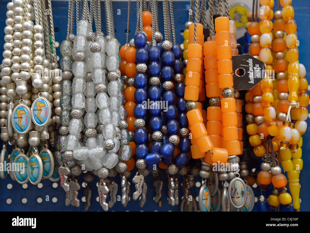 Greek worry beads (komboló) in souvenir shop, Old Corfu Town, Kerkyra, Corfu, Ionian Islands, Greece Stock Photo