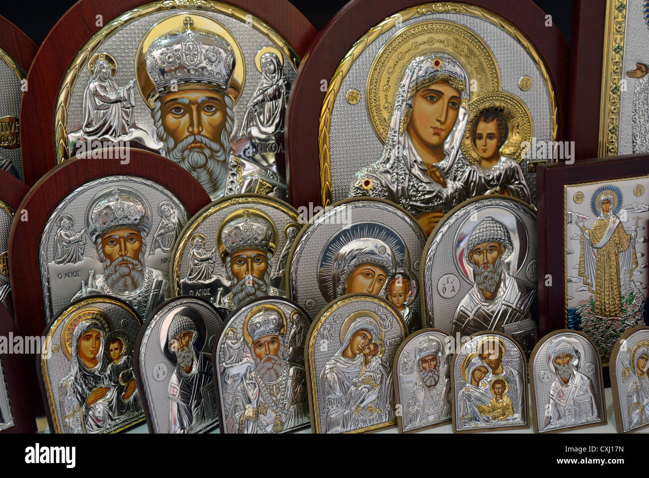 Souvenir orthodox icons in shop, Old Corfu Town, Corfu (Kerkyra), Ionian Islands, Greece Stock Photo