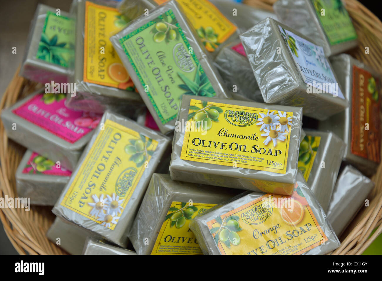 Traditional pure olive oil soaps in souvenir shop, Old Corfu Town