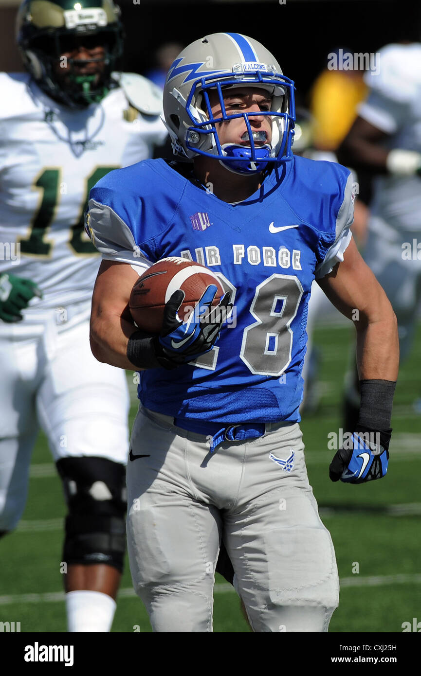 Senior running back Cody Getz heads for the end zone as the U.S. Air Force Academy Falcons defeated Colorado State 42-21 at Falcon Stadium in Colorado Springs, Colo. Sept 29, 2012. Getz had 222 of the Air Force's 459 rushing yards to lead the Falcons (2-2, 1-1 Mountain West Conference) to their seventh straight defeat of the Rams. Getz's career-high mark made him the first Air Force player in team history to begin a season with four consecutive 100-yard rushing games and the first with two 200-yard games in the same season since Chad Hall in 2007 Stock Photo