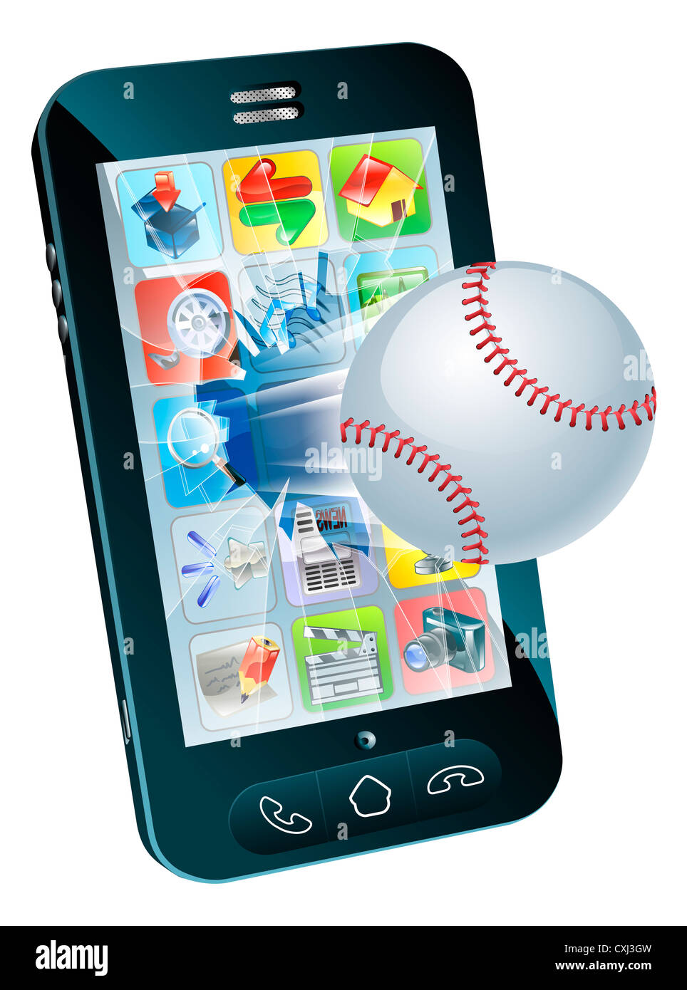 Illustration of a baseball ball flying out of a broken mobile phone screen Stock Photo