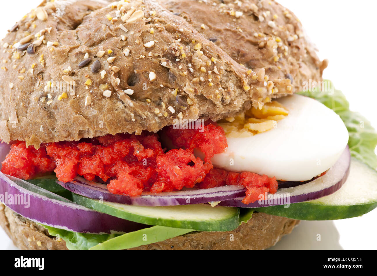 Fresh salmon sandwich with salad and onion rings Stock Photo Alamy