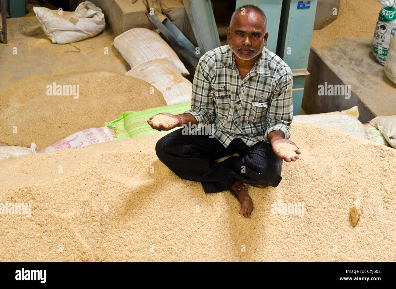 Local rice vendor selling rice, sitting himself on rice heap Stock