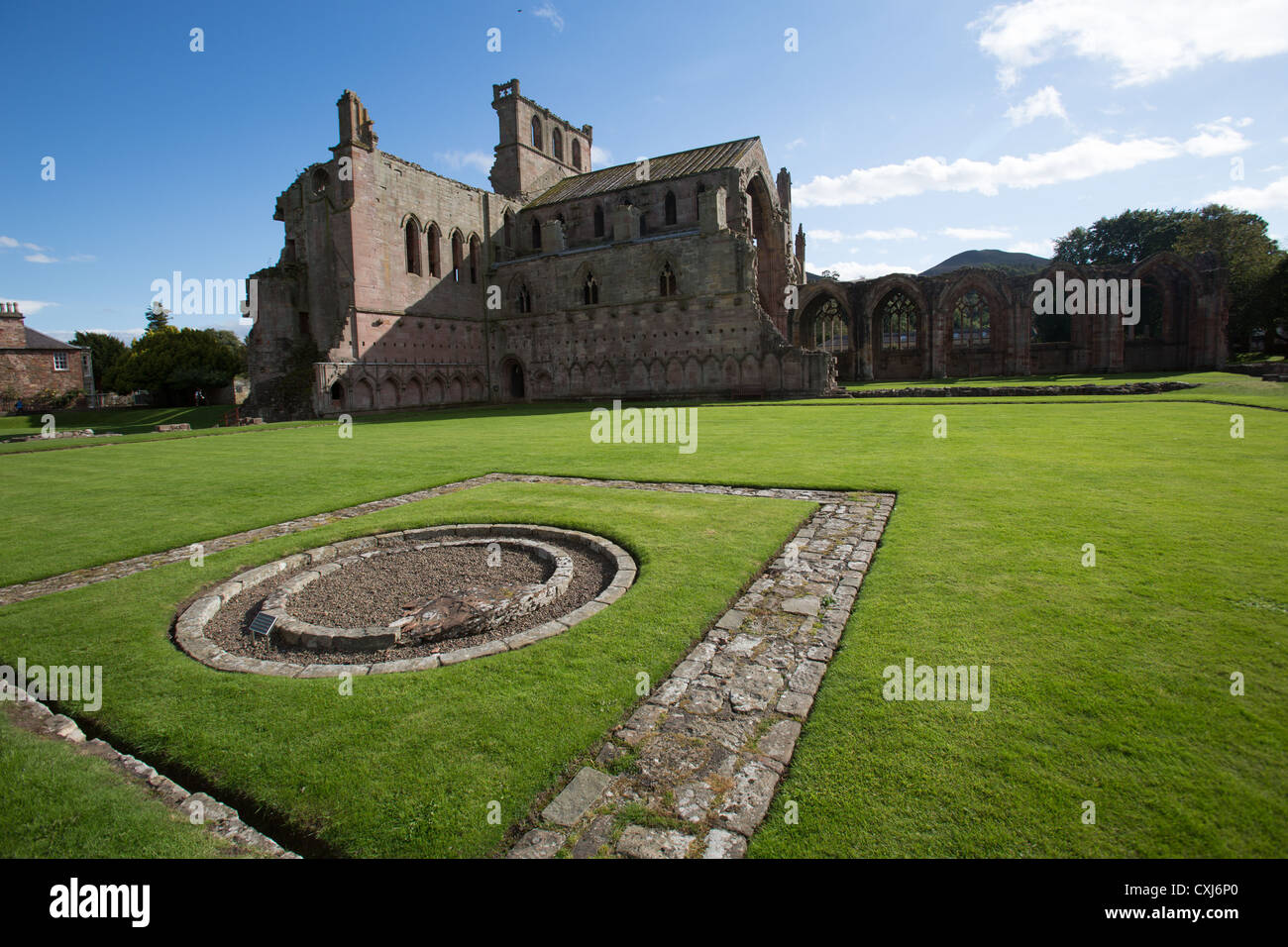 Town of Melrose, Scotland. View of Melrose Abbey nave and tower with