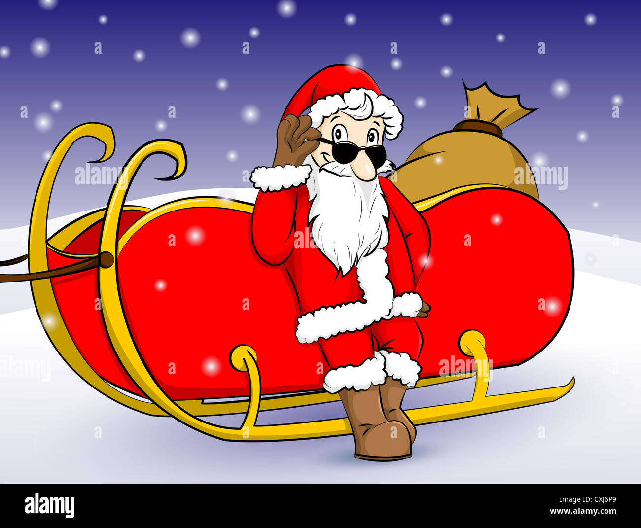 Weihnachtsmann an seinen Schlitten angelehnt Stock Photo