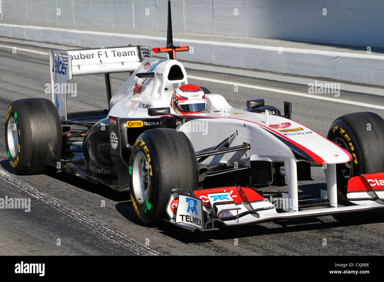 Kamui Kobayashi in the Sauber Team 2011 Formula One Car at Montmelo, Barcelona, Spain Stock Photo