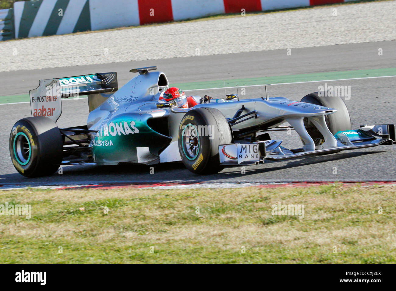 Michael Schumacher driving for Mercedes GP in 2011 at Montmelo racing track in Barcelona, Spain
