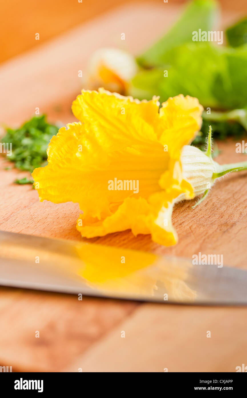 Flower of courgette and kitchen knife on a wooden cutting board Stock Photo