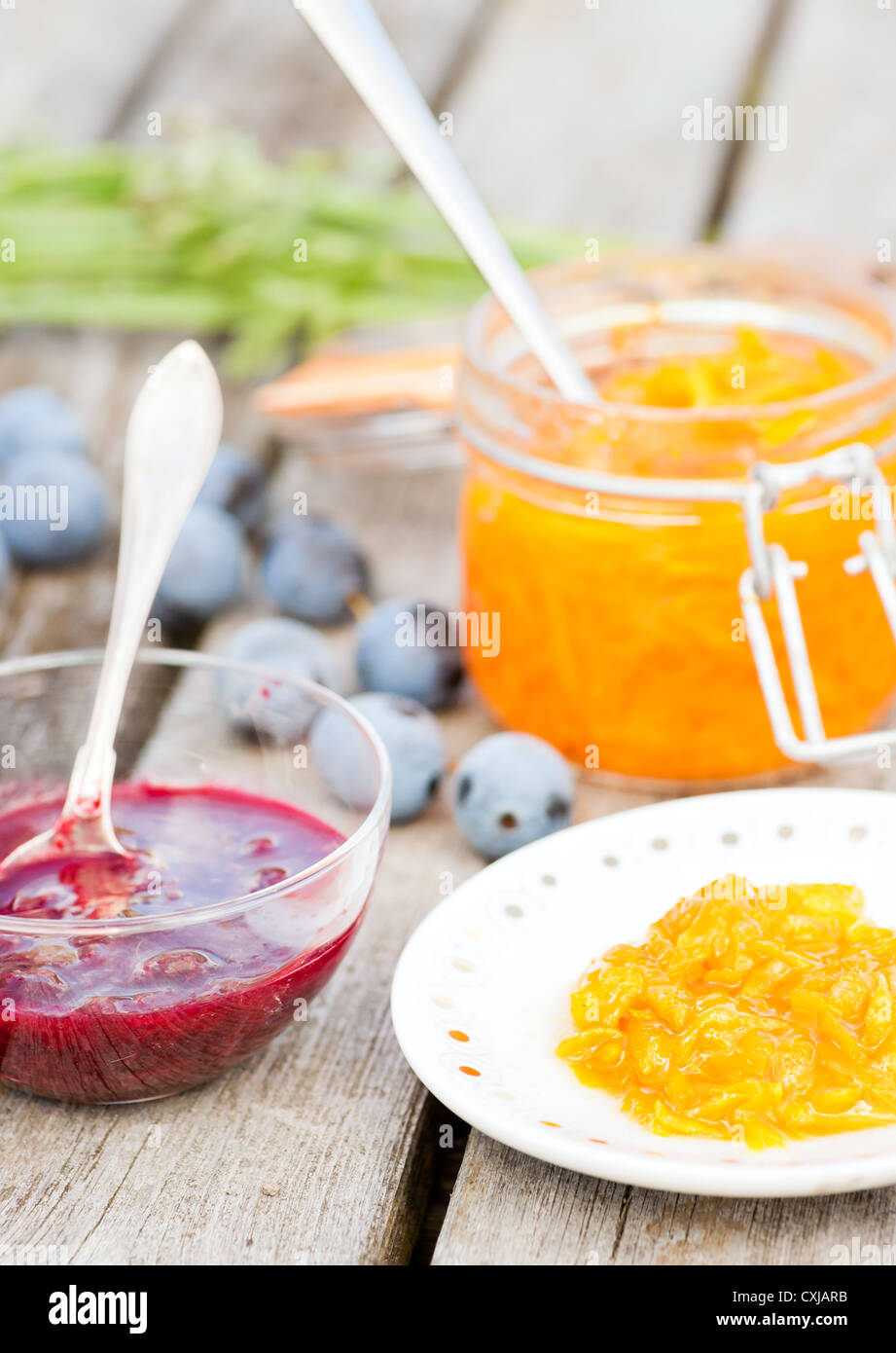 Organic marmalade from bullace plums and carrot marmalade Stock Photo