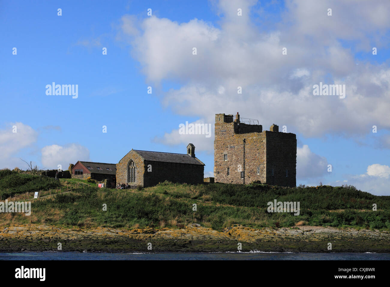 St.Cuthbert's Chapel and Prior Castell's Tower on Inner Farne. Stock Photo