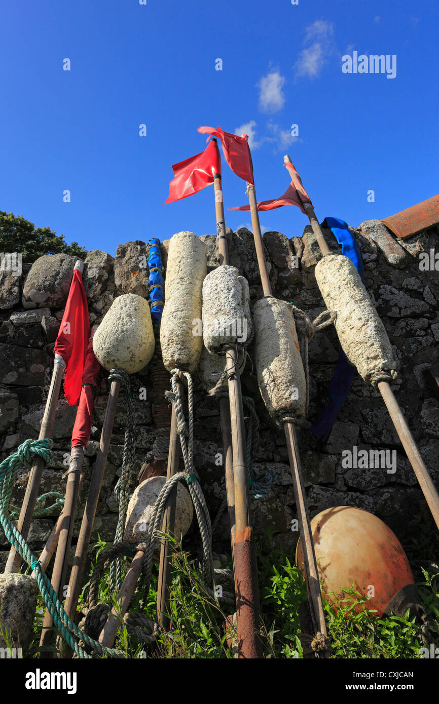 Marker buoys and flags on Holy Island, Lindisfarne. Stock Photo
