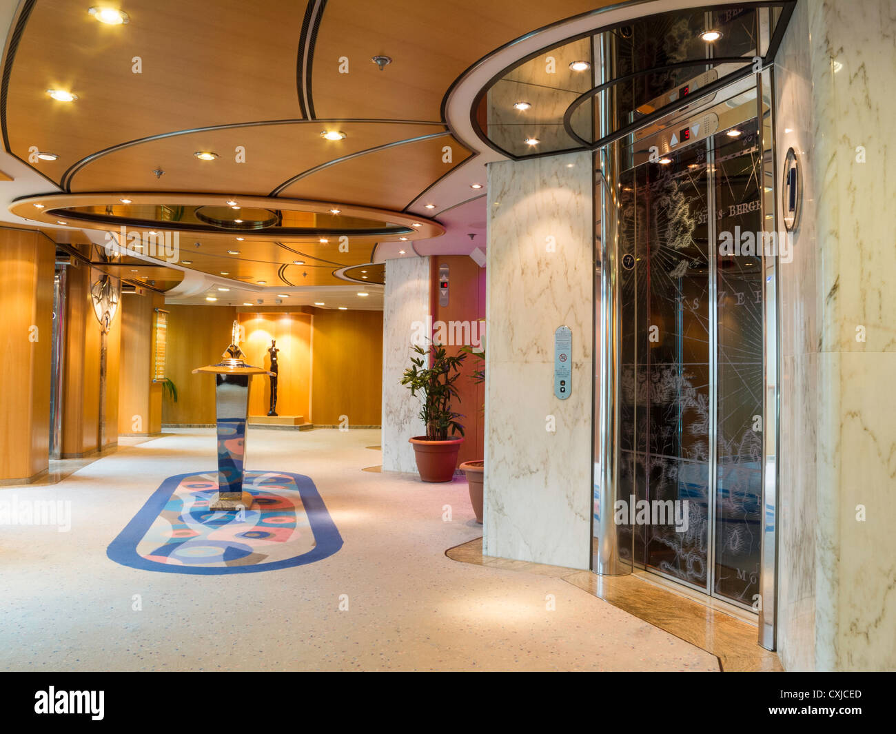 Glass Elevator Bank Foyer, Radiance of the Seas Cruise Ship Stock Photo