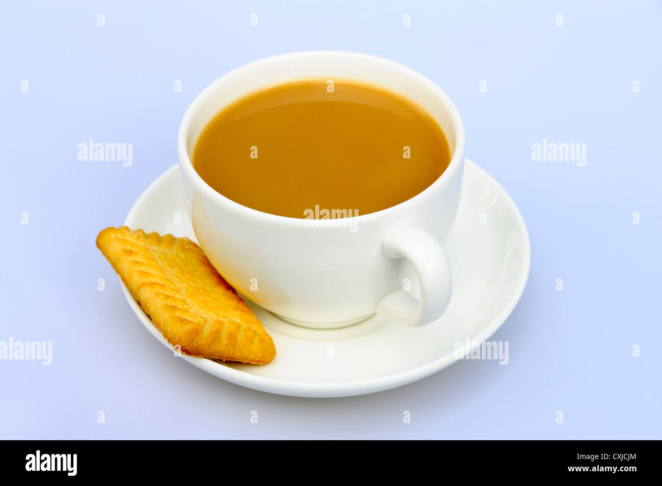 Cup of tea in a plain white cup & saucer. Tea and biscuit, UK. Stock Photo