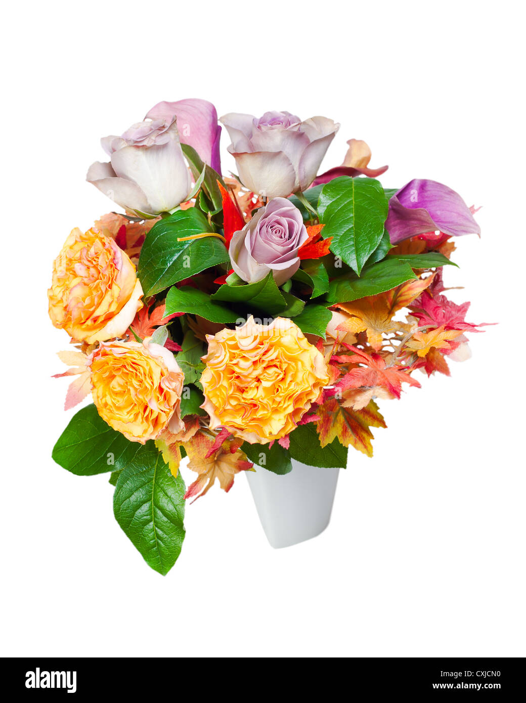 colorful autumn flower bouquet arrangement centerpiece in vase isolated on white background Stock Photo