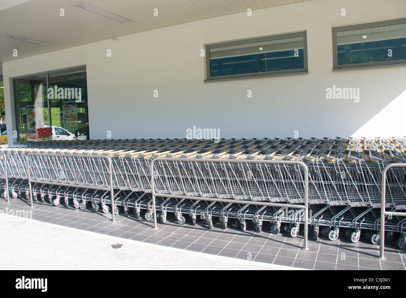 Shopping Carts at the Hofer (Aldi) discount supermarket Photographed in