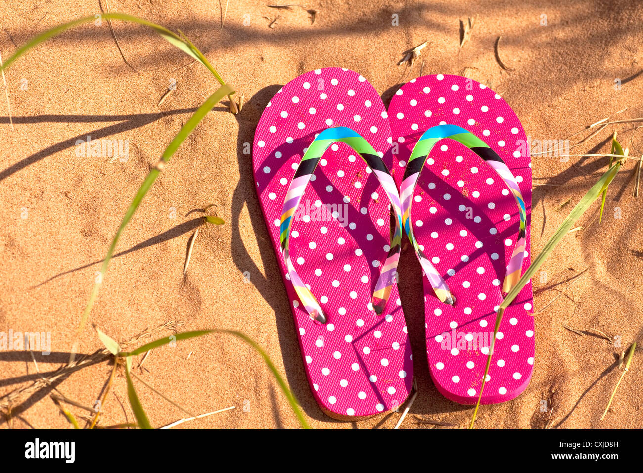 Pink polka dot flip flops on the beach Stock Photo - Alamy