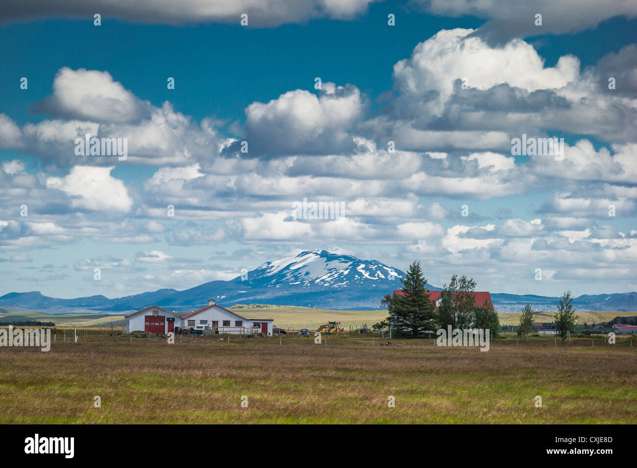 Farm with Hekla volcano in the background, South Coast, Iceland Stock Photo
