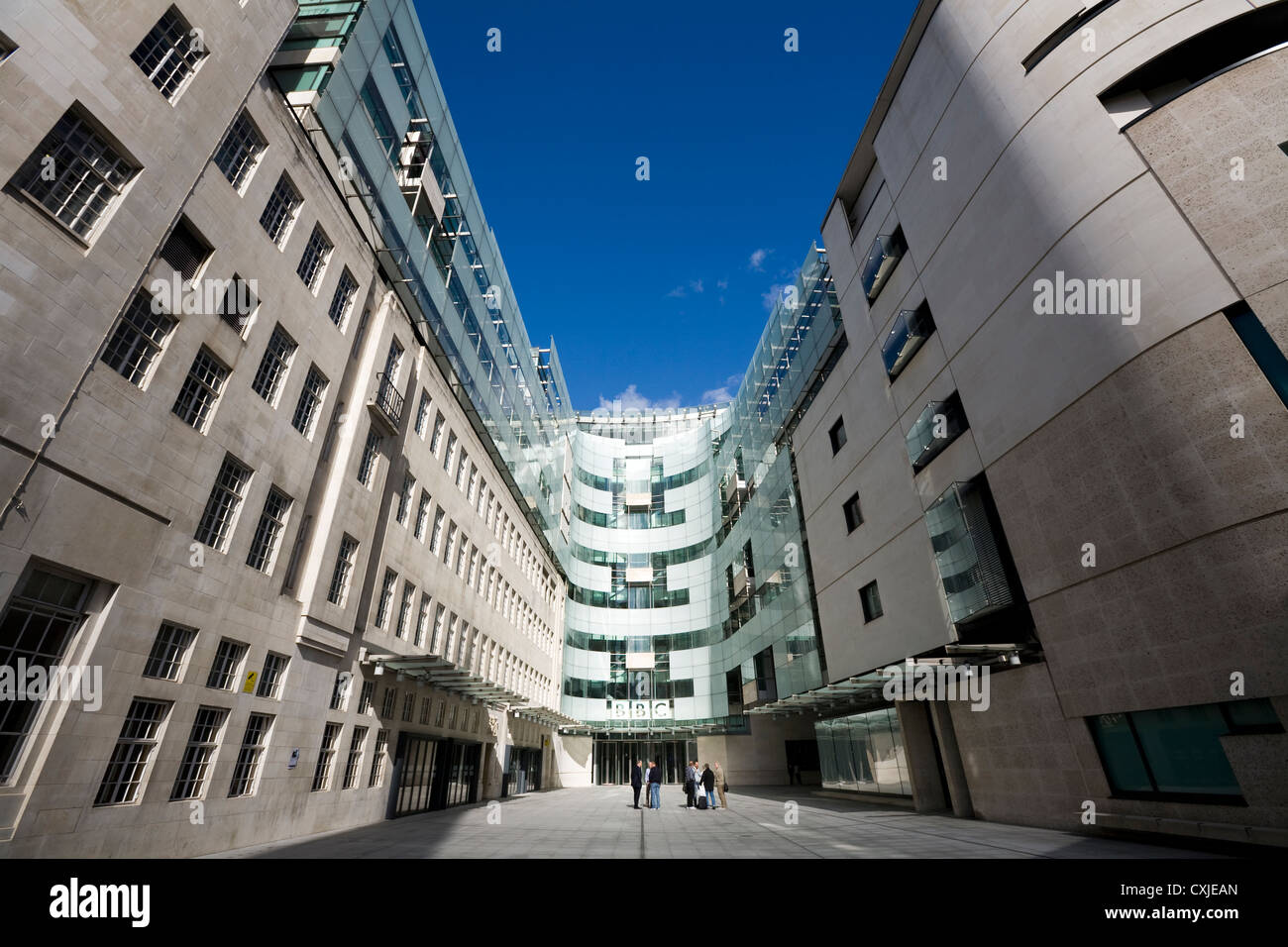 Looking into the new / modern broadcast centre extension of the BBC Broadcasting House building in Portland Place, London. UK. Stock Photo