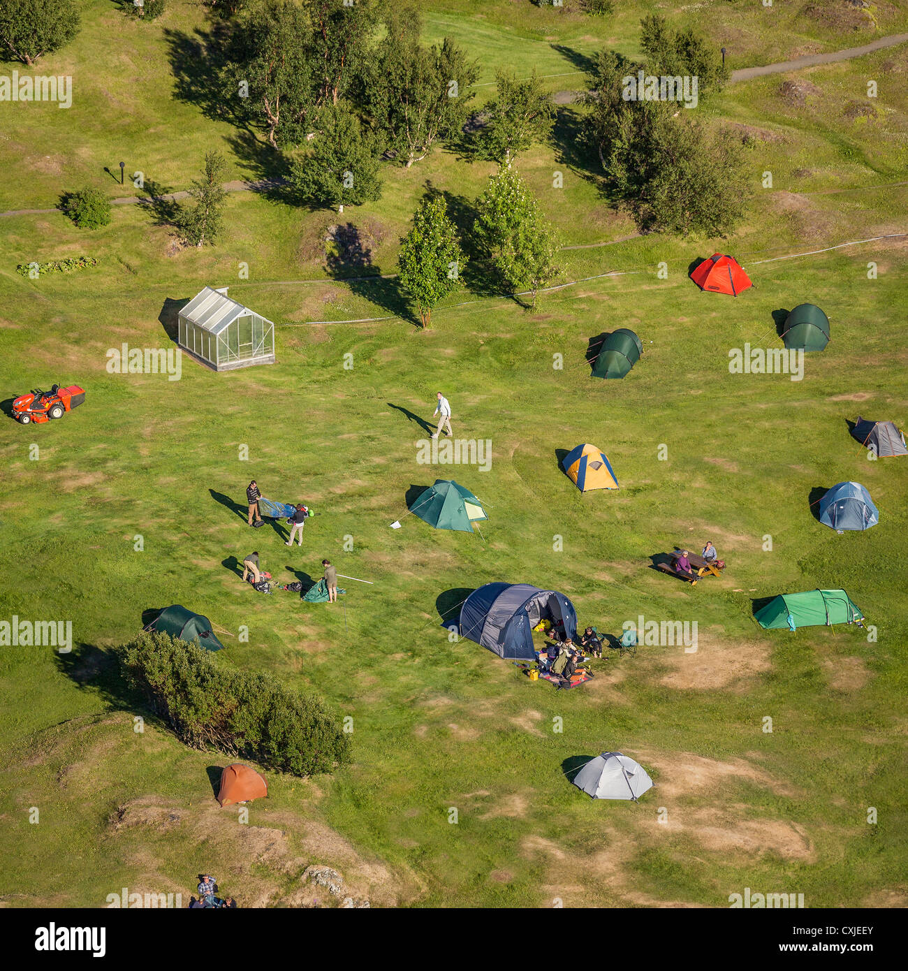 Aerial of campground Lake Myvatn, Northern Iceland Stock Photo
