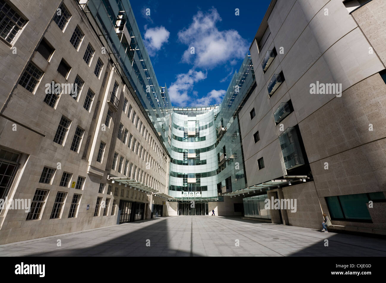 Looking into the new / modern broadcast centre extension of the BBC Broadcasting House building in Portland Place, London. UK. Stock Photo