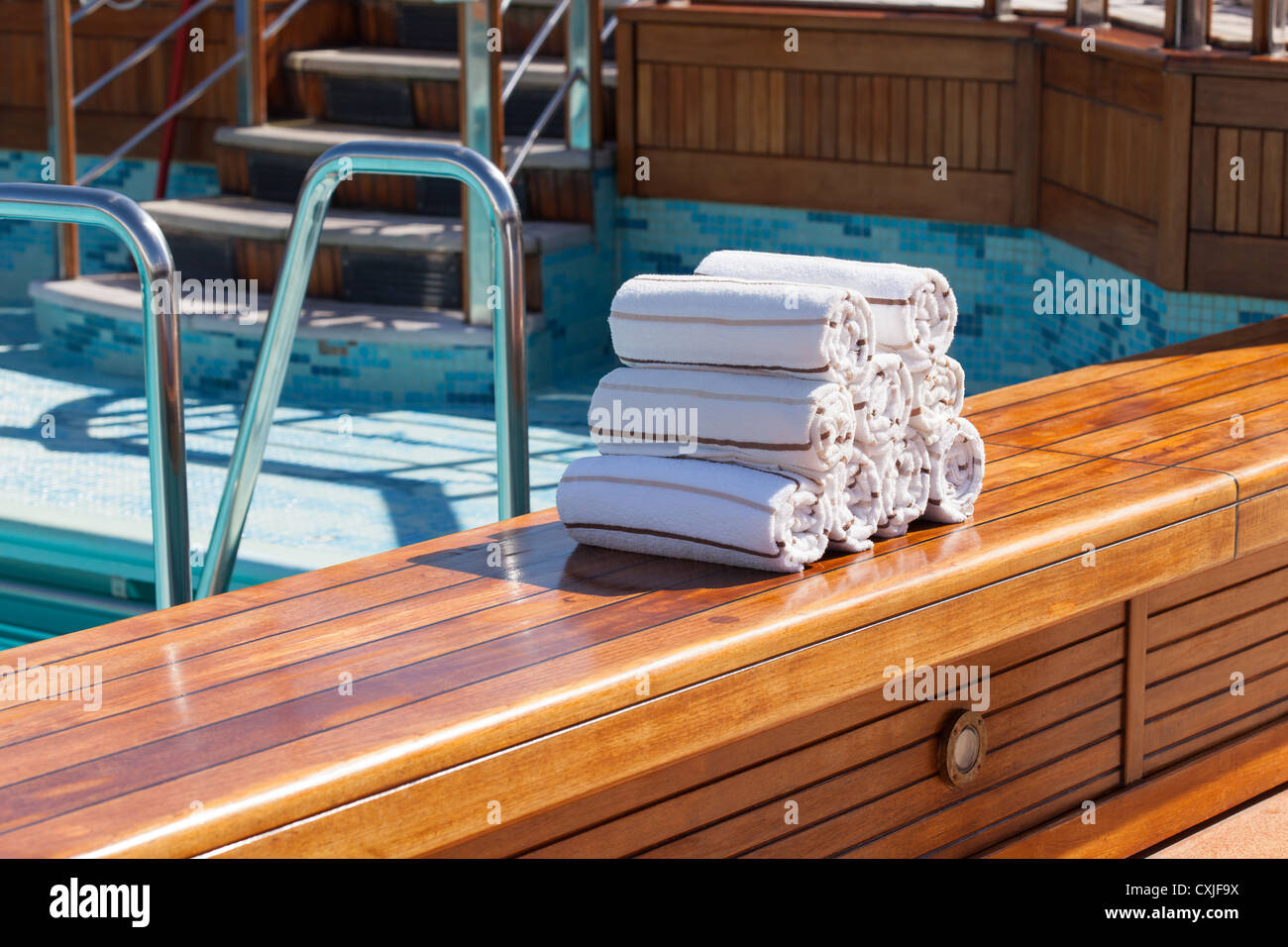 Prepared towels next to Swimming Pool. Cunard Liner Queen Victoria