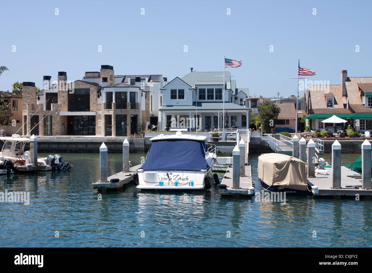 Waterfront mansions and pleasure boats on Balboa Island, California