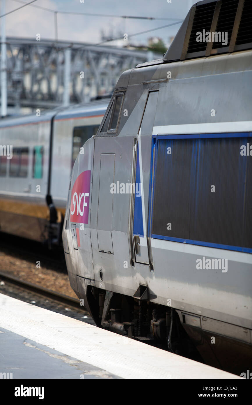 SNCF a silver French national rail network Train à Grande Vitesse TGV train at Paris Gare du Nord railway station in France Stock Photo