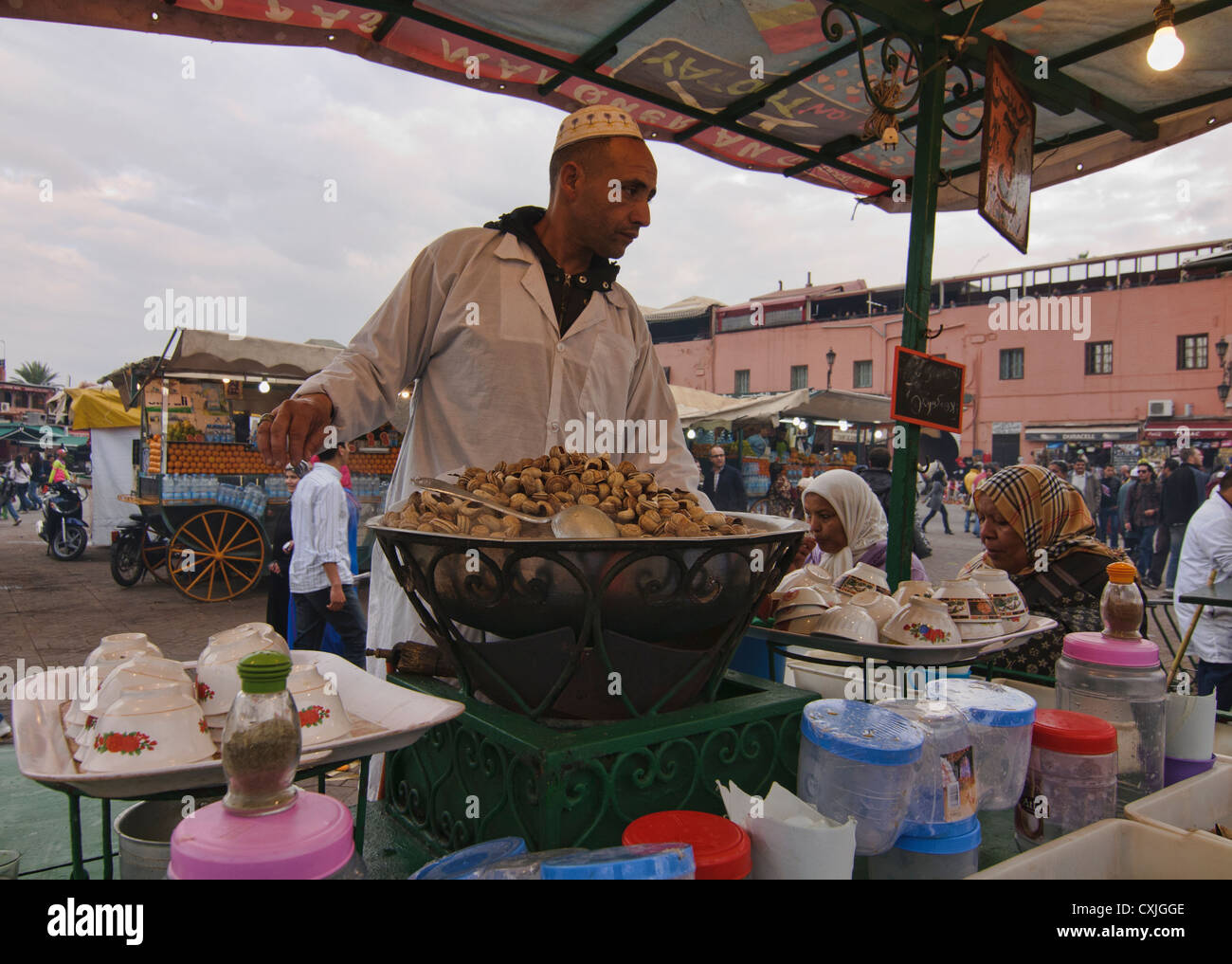 snail vendor in the Djemma el Fna Square in Marrakech, Morocco Stock Photo