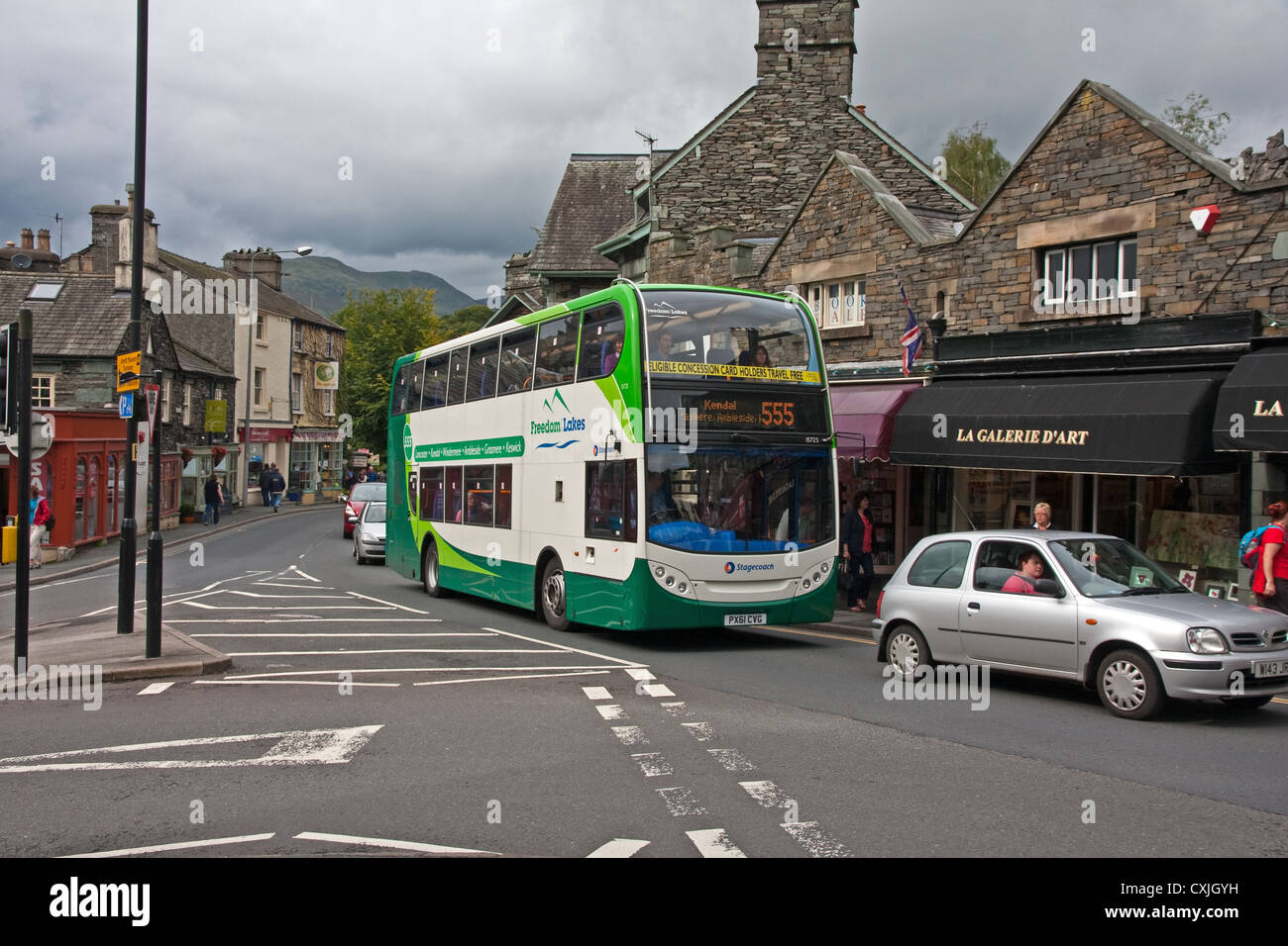 Stagecoach operated double deck psv bus passing through Ambleside Stock Photo
