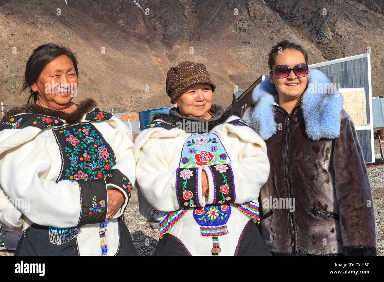 Inuit women in traditional skin clothing. Grise Fjord, Nunavut, northernmost community in Canada Stock Photo