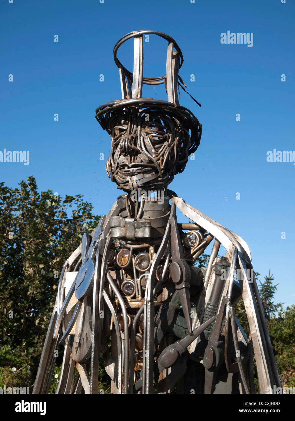 A close up of sculpture made of machine parts representing Henry Pease prominent Victorian business man and founder of Saltburn Stock Photo