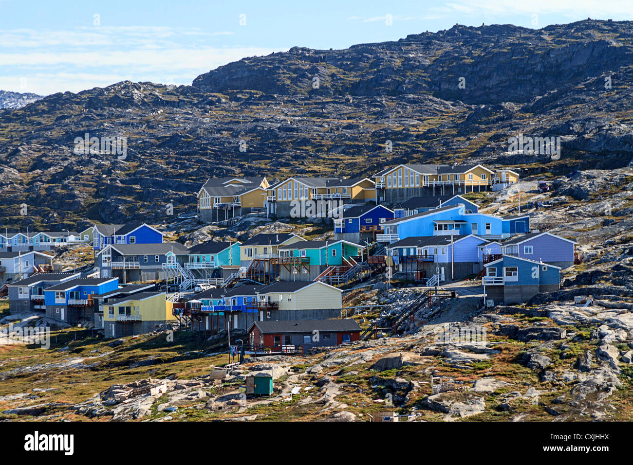 Town of Ilulissat at the mouth of the fjord leading from Jakobshavn Glacier. Stock Photo