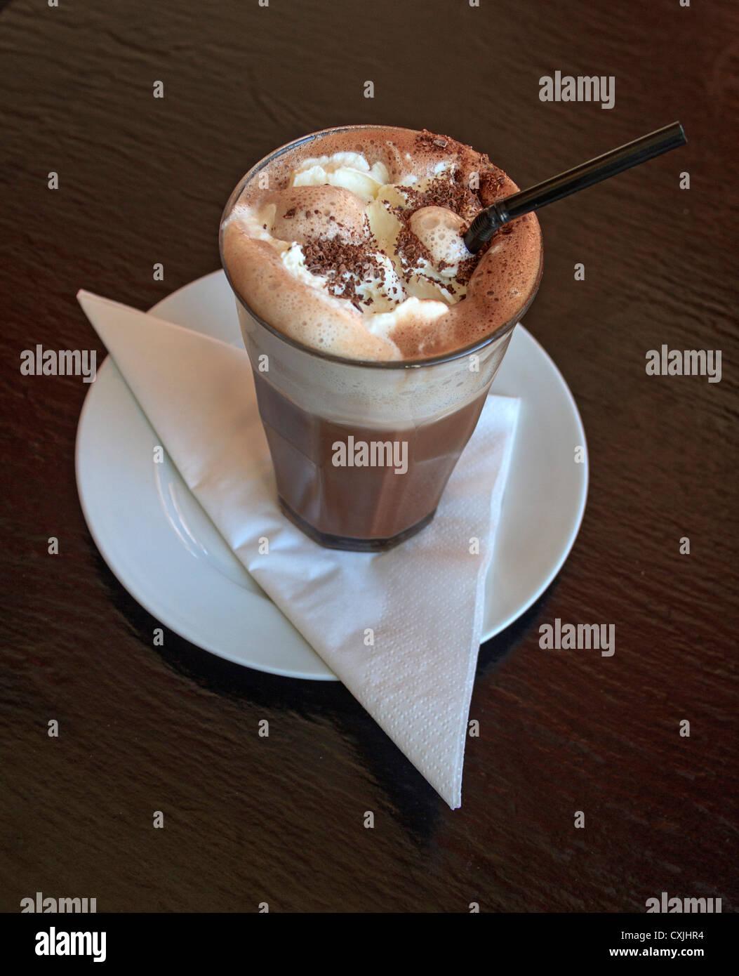 Coffee mocha drink at cafe in Ilulissat, Greenland. This drink cost $7 US. Stock Photo