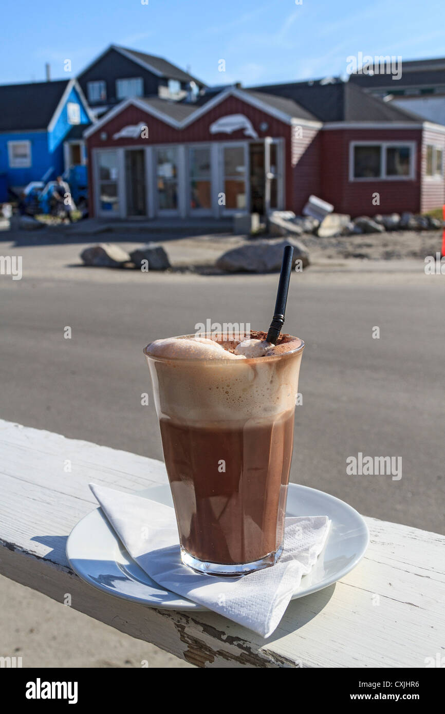 Coffee mocha drink at cafe in Ilulissat, Greenland. This drink cost $7 US. Stock Photo