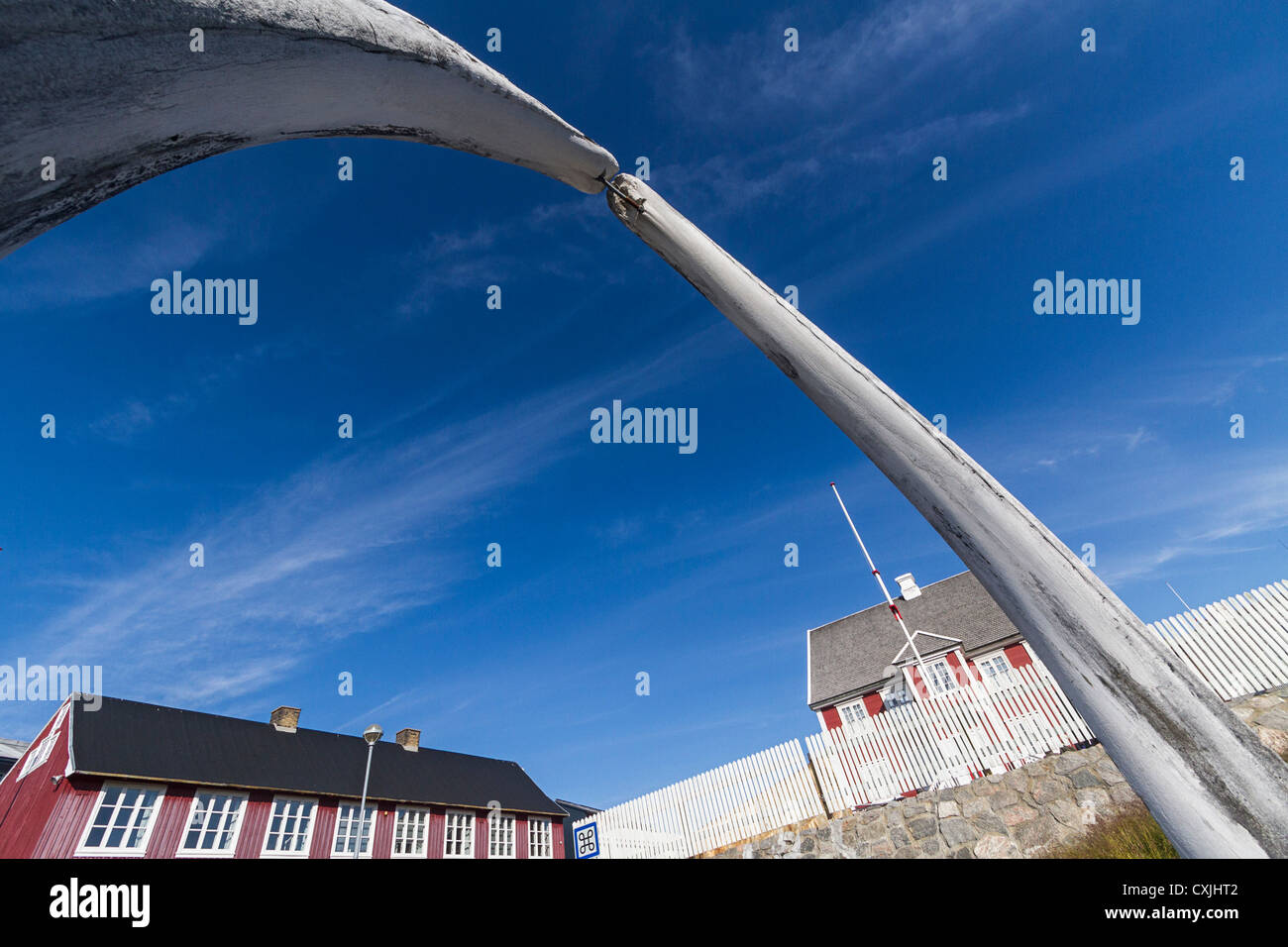 Whale bones outline Knud Rasmussen museum building at Ilulissat, Greenland. Stock Photo