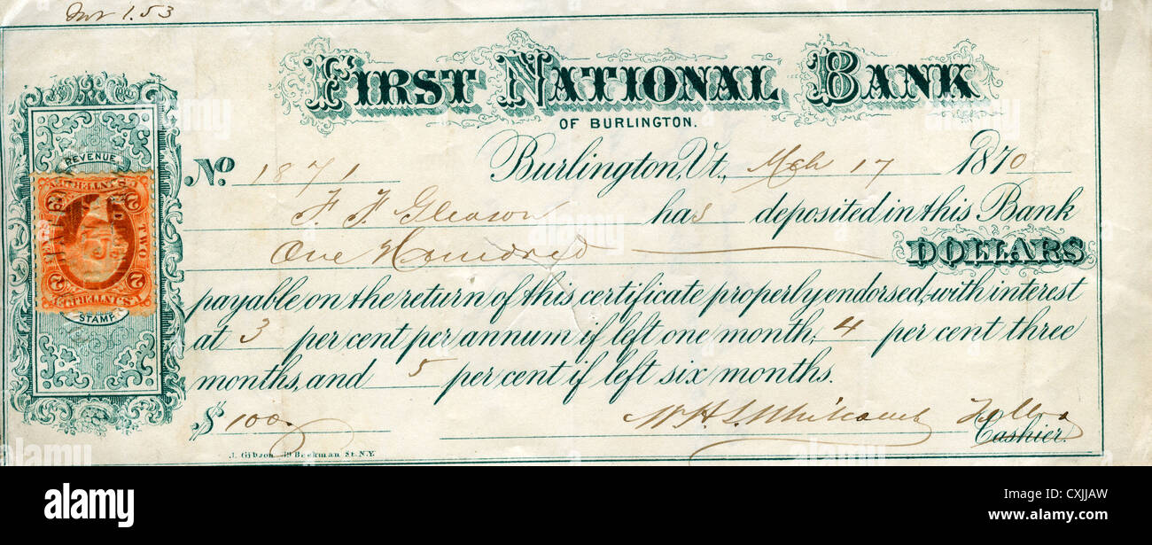 Cheque from First National Bank of Burlington, USA. $100, 1870 Stock Photo