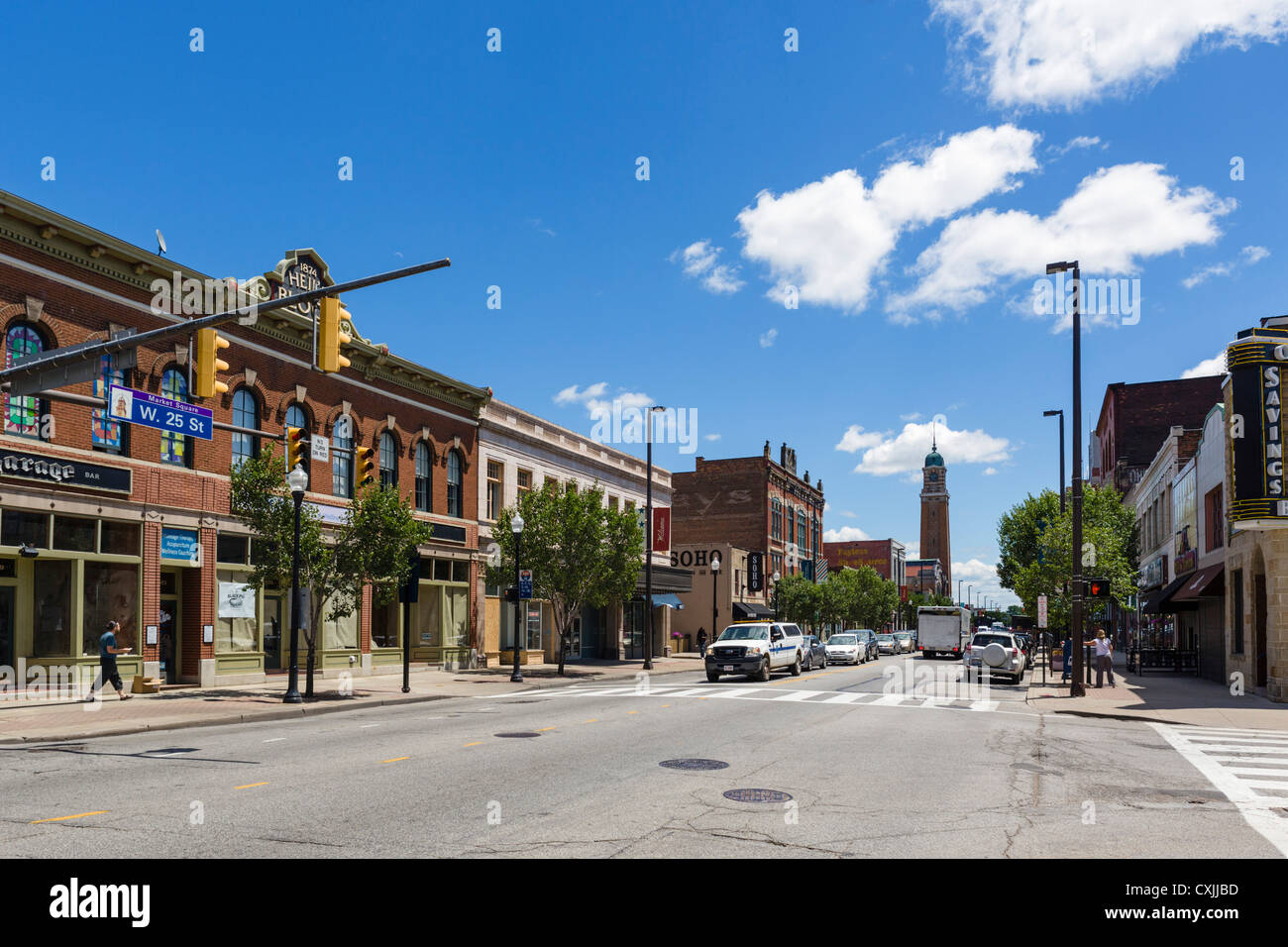 West 25th Street looking towards Market Square, Ohio City district, Cleveland, Ohio, USA Stock Photo