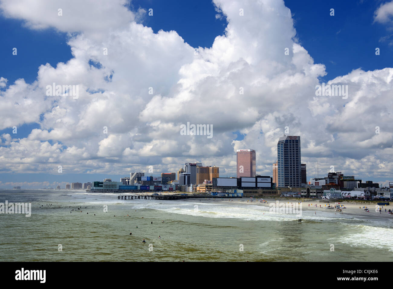 Atlantic City, New Jersey Skyline with building logos visible. Stock Photo