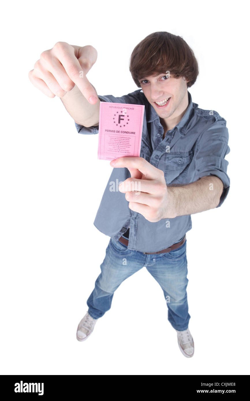 Man pointing to driving license Stock Photo