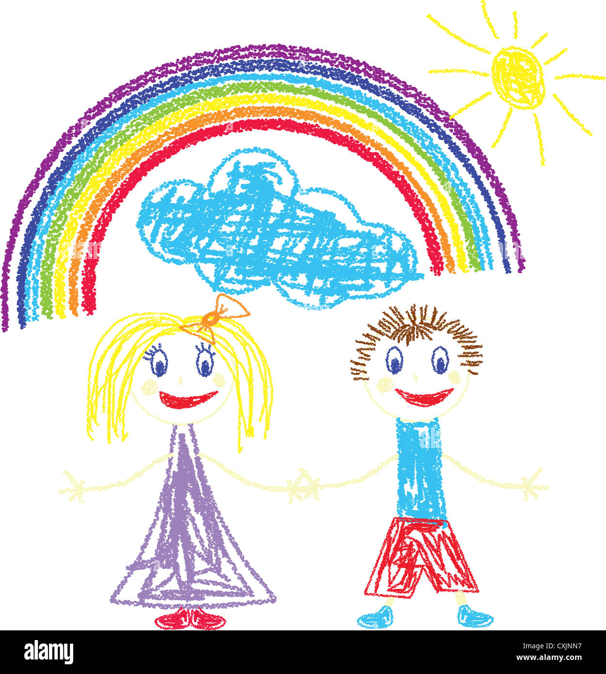 Vector illustration of crayon painted kids and rainbow Stock Photo - Alamy