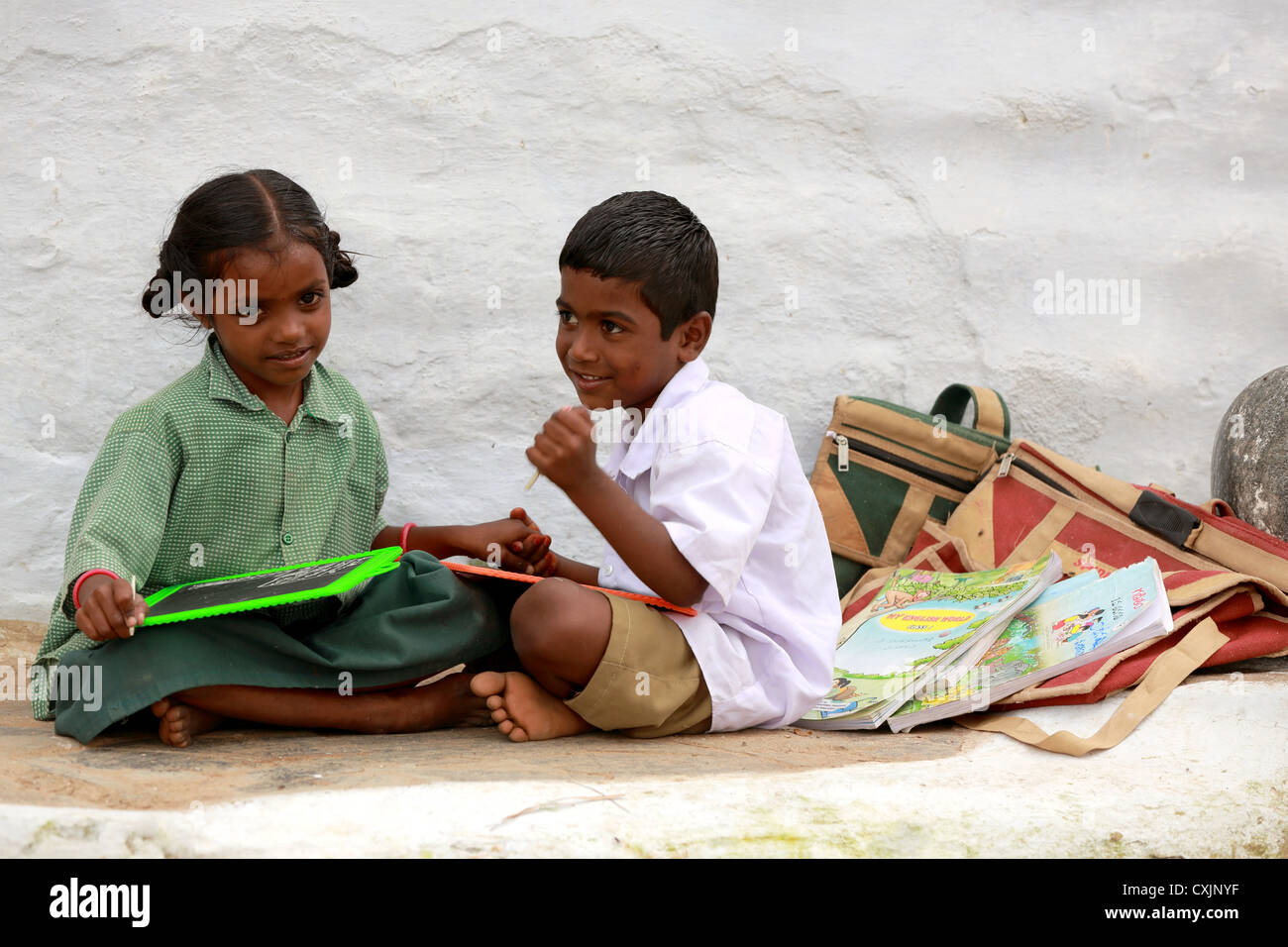 Indian School Children Best Friends Doing Homework Andhra Pradesh South