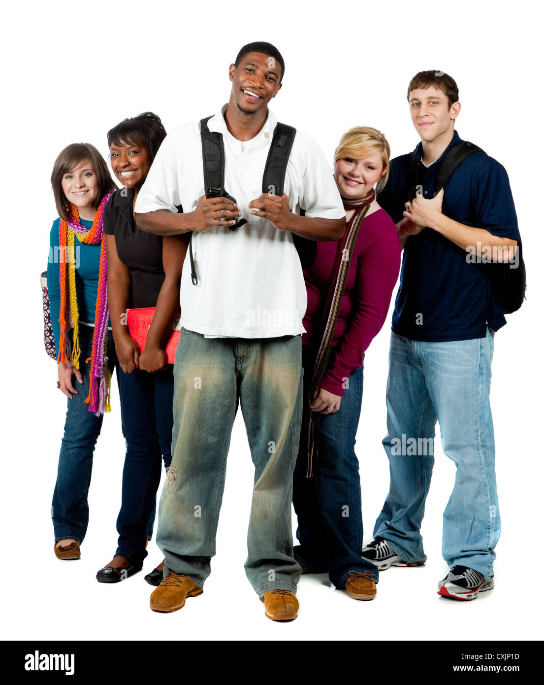 A group of happy multi-racial college students/friends holding backpacks on a white background Stock Photo