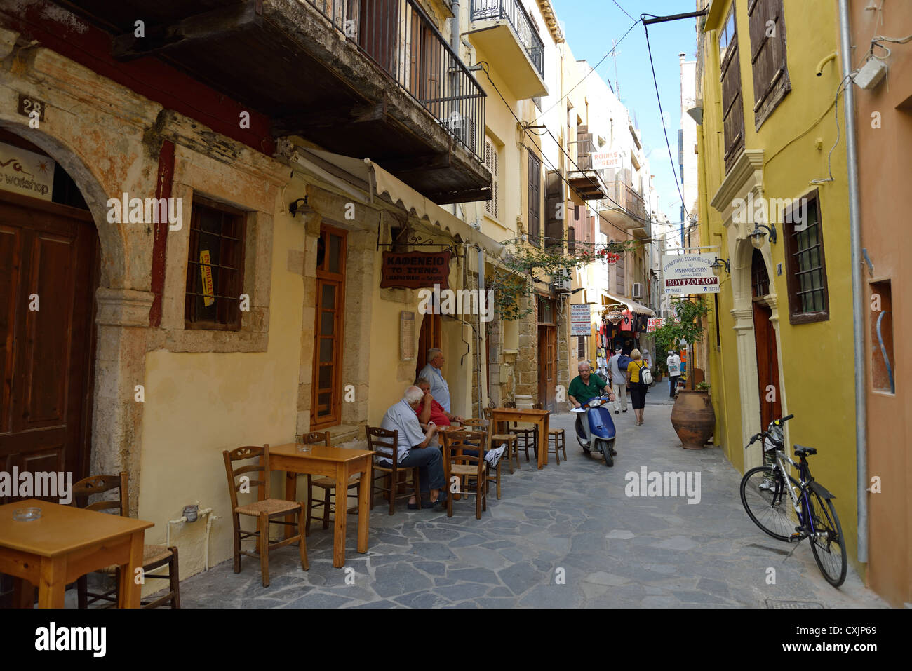 View of street in Old Town, Chania, Chania Prefecture, Crete, Greece Stock Photo