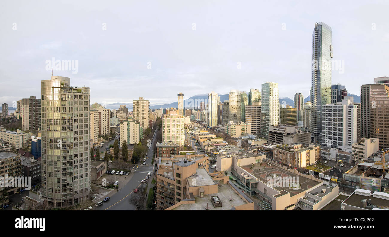Vancouver BC Canada City Downtown Early Morning with Robson Street Panorama Stock Photo