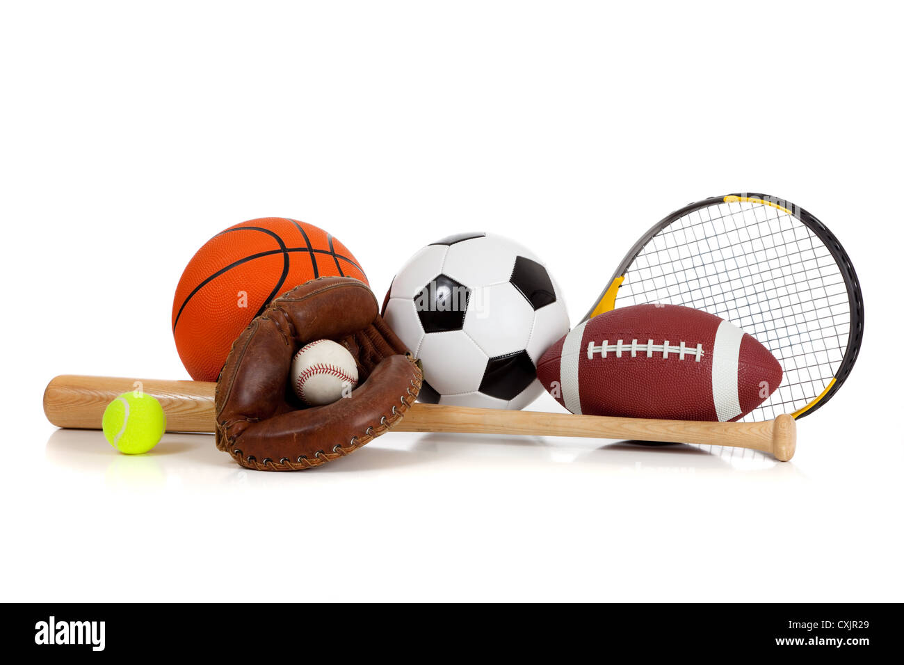 Various sports equipment on a white background Stock Photo Alamy