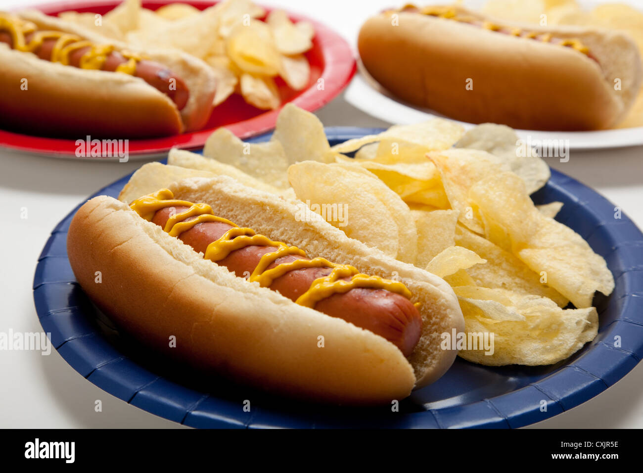 Red, white and blue plates with hot dogs and mustard and potato chips Stock Photo